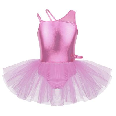 Alvivi Kids Girls Glitter Metallic One Shoulder Ballet Dance Gymnastics Leotard Tutu Dress Performance Costume Pink 5-6