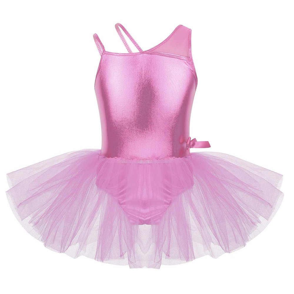 Alvivi Kids Girls Glitter Metallic One Shoulder Ballet Dance Gymnastics Leotard Tutu Dress Performance Costume Pink 5-6