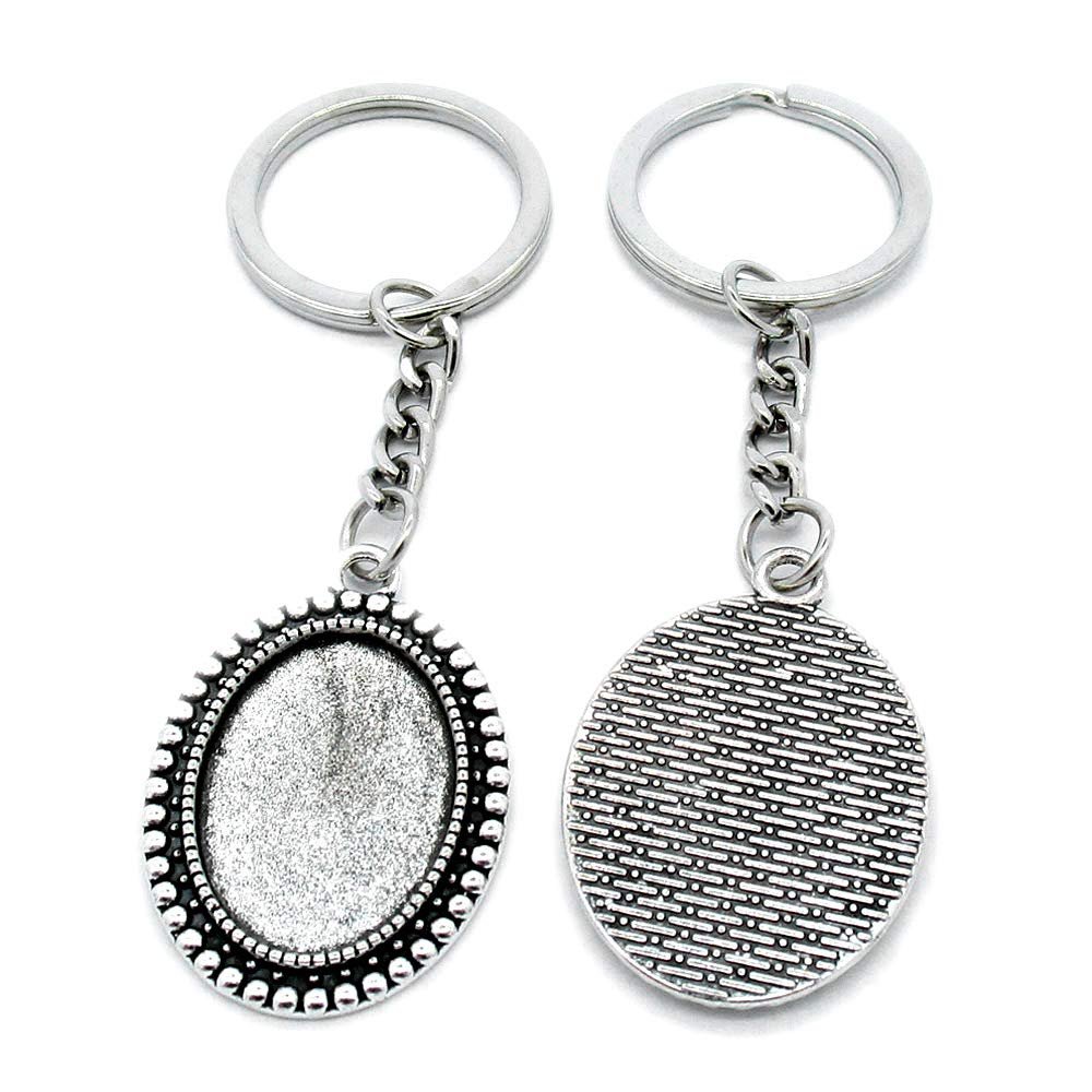 50 PCS Antique Silver Keyrings Keychains Key Ring Chains Tags Clasps AA461 Oval Cabochon Base Blank