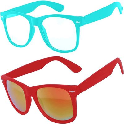 2 Pack Kids Sunglasses Clear Lens Turquoise Matte Mirror Lens Red