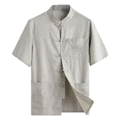 ZooBoo Men 's Tang Suit Summer Short - Traditional China Ancient Costume Male Martial Arts Tangzhuang Kung Fu Short Sleeve Shirt for Men - Cotton and linen (XL, Light gray)