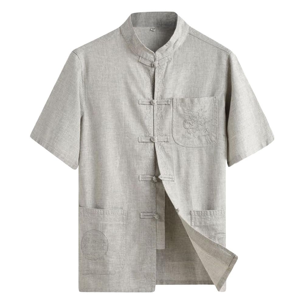 ZooBoo Men 's Tang Suit Summer Short - Traditional China Ancient Costume Male Martial Arts Tangzhuang Kung Fu Short Sleeve Shirt for Men - Cotton and linen (XL, Light gray)