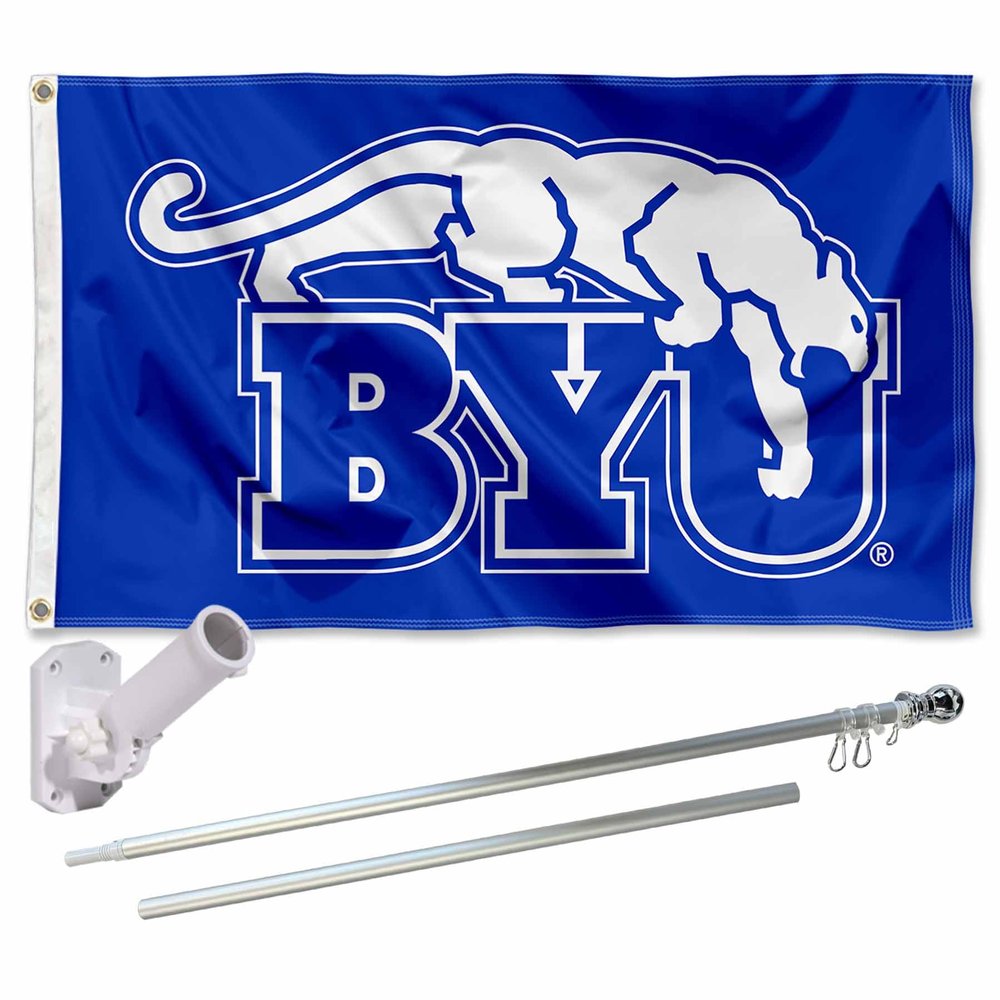 Brigham Young Cougars Vintage Flag with Pole and Bracket Complete Set