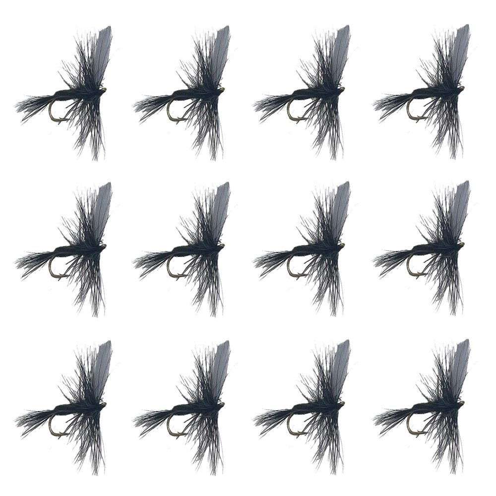 Feeder Creek Fly Fishing Flies | 12pc Black Gnat Dry Flies for Fly Fishing | Size 14 Trout Flies | Bass Flies | Fly Fishing Assortment | Fly Fishing Lures (14)