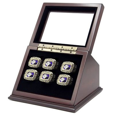 6-Slot Wooden Display Case Shadow Box with Slanted Glass Window for Sports Championship Rings - Rings Not Included