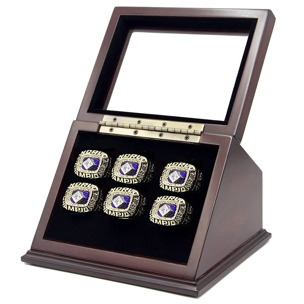 6-Slot Wooden Display Case Shadow Box with Slanted Glass Window for Sports Championship Rings - Rings Not Included