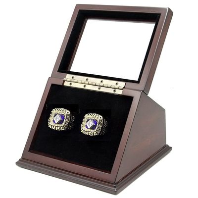 2 Slots Championship Ring Wooden Display Case Shadow Box With Slanted Glass Window for Football, Basketball, Hockey, Sports - Rings Not Included