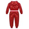 Agoky Boys Girls Sequins Jacket Coat Hooded Crop Top Pants Set Street Dance Outfits Hip Hop Jazz Dance Performance Costume Red 8-10 Years view 2