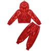Agoky Boys Girls Sequins Jacket Coat Hooded Crop Top Pants Set Street Dance Outfits Hip Hop Jazz Dance Performance Costume Red 8-10 Years view 3