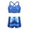 dPois Kids Girls Dance Outfit Strappy Crop Top Sequin Dance Tank and Shiny Metallic Shorts Set Hip Hop Streetwear Light_Blue 10-12 Years view 2