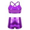 dPois Kids Girls Dance Outfit Strappy Crop Top Sequin Dance Tank and Shiny Metallic Shorts Set Hip Hop Streetwear Purple 12-14 Years view 2