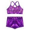 dPois Kids Girls Dance Outfit Strappy Crop Top Sequin Dance Tank and Shiny Metallic Shorts Set Hip Hop Streetwear Purple 7-8 Years view 3