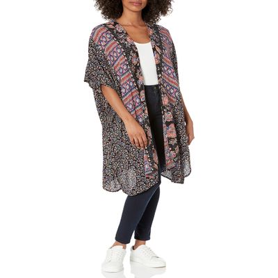 Angie Women's Boho Long Duster Kimono Cardigan, Black, Large