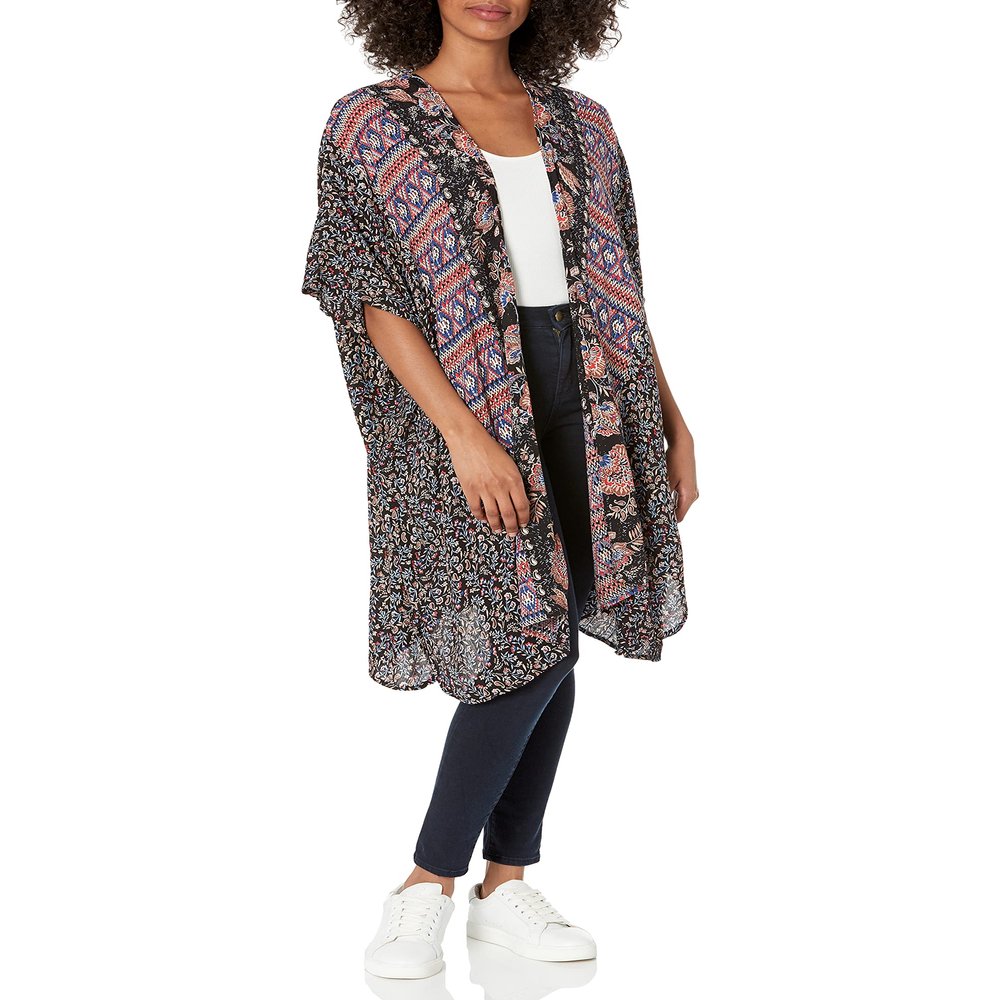 Angie Women's Boho Long Duster Kimono Cardigan, Black, Large