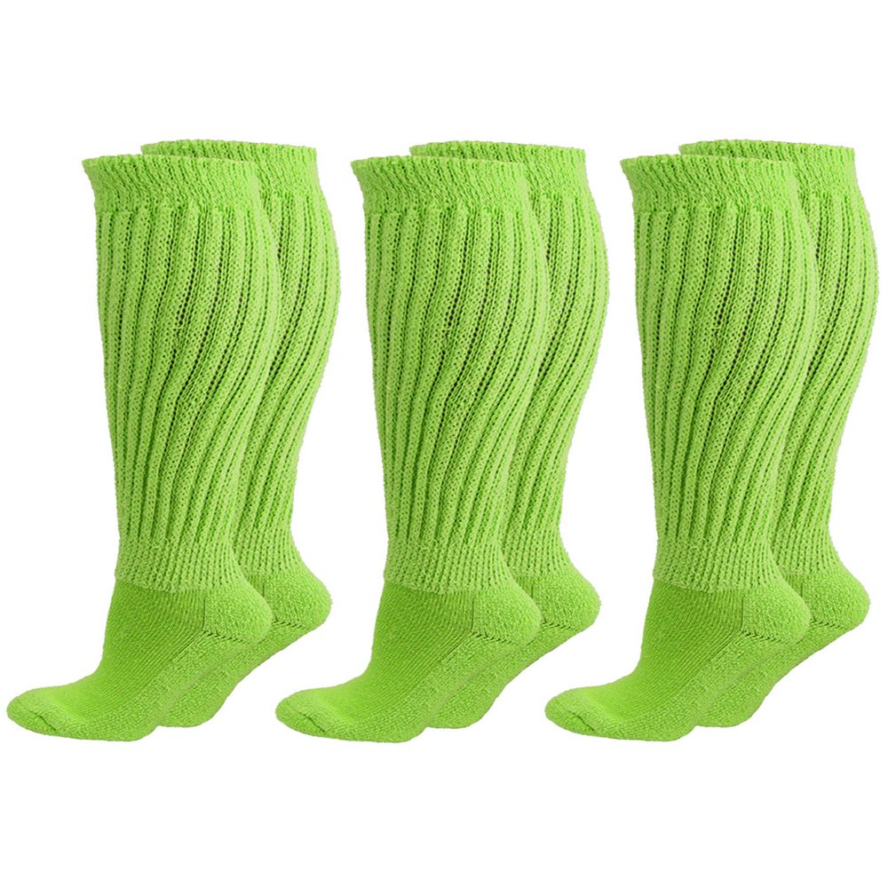 Lime Green All Cotton 3 Pack Extra Heavy Slouch Socks Made In USA