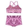 dPois Kids Girls Dance Outfit Strappy Crop Top Sequin Dance Tank and Shiny Metallic Shorts Set Hip Hop Streetwear Pink 10-12 Years view 4