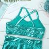 Alvivi Kids Girls Two-Piece Sequins Sports Dance Outfit Crop Top with Shorts Gymnastics Dancing Swimming Tankini Costume Lake Blue 10-12 view 3