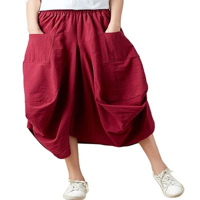 GGUHHU Womens Loose Fit Elastic Waist 2 Pockets Cotton Baggy Lantern Skirt (Free Size, Wine)