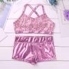 Agoky Kids Girls' Top and Booty Shorts Ballet Dance Gymnastics Sports Leotard or Swimwear Swimming Costumes Pink Shiny 8-10 view 3