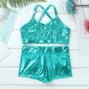 Agoky Kids Girls' Top and Booty Shorts Ballet Dance Gymnastics Sports Leotard or Swimwear Swimming Costumes Lake_Blue Shiny 10-12 view 3