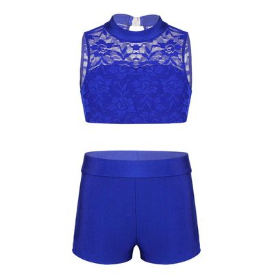 Agoky Little Big Girls Ballet Gym 2PCS Sequins Mermaid Tank Top Shorts Set Tankini Swimwear or Gymnastics Leotard Blue Floral Lace 14