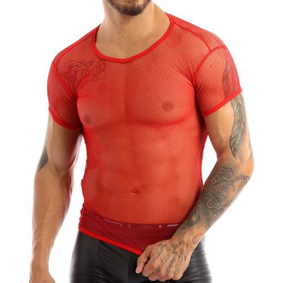 YOOJIA Men's Sheer Fishnet Mesh See Through Short Sleeve T-Shirt Tank Top Vest Undershirt Red X-Large