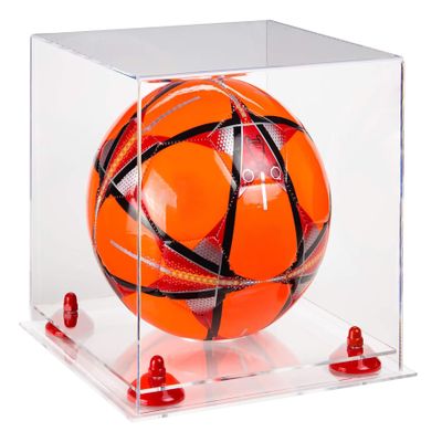 Better Display Cases Acrylic Display Case for Collectibles, Full Size Soccer Ball Display Case, Red Risers & Clear Base, Handcrafted Showcase Box.DIM;9.75" L x 9.75" W x 9.75" H. (A027-RR)