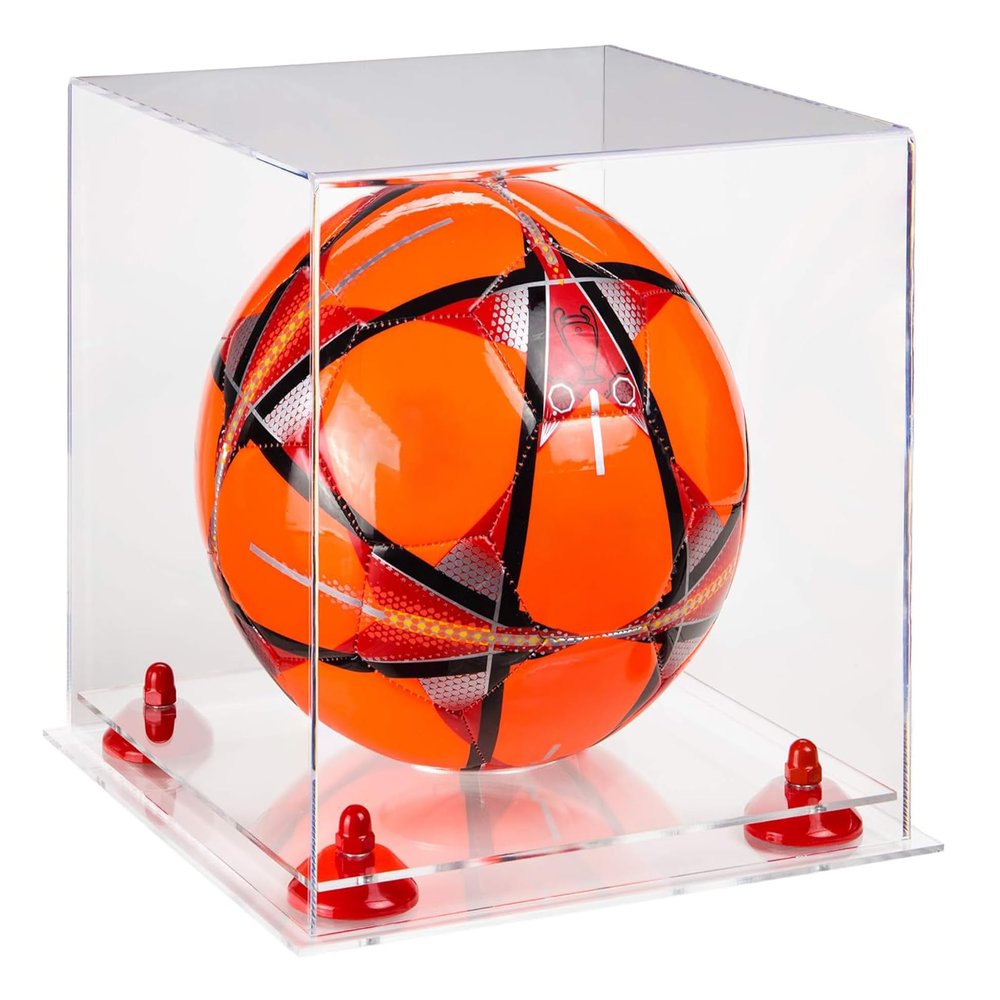 Better Display Cases Acrylic Display Case for Collectibles, Full Size Soccer Ball Display Case, Red Risers & Clear Base, Handcrafted Showcase Box.DIM;9.75" L x 9.75" W x 9.75" H. (A027-RR)