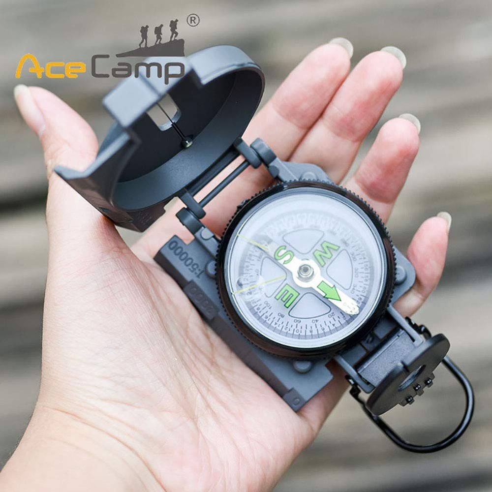 AceCamp Folding Metal Compass, Foldable & Portable Compass, Professional Multifunctional Metal Compass with Metal Sight Line & Magnifying Glass for Hiking, Camping, Backing (Black Large)