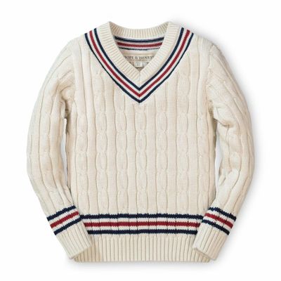 Hope & Henry Boys Organic Cotton V-Neck Cricket Sweater Long Sleeve Cable Knit with Contrast Stripe Trim 6 Months, Antique White