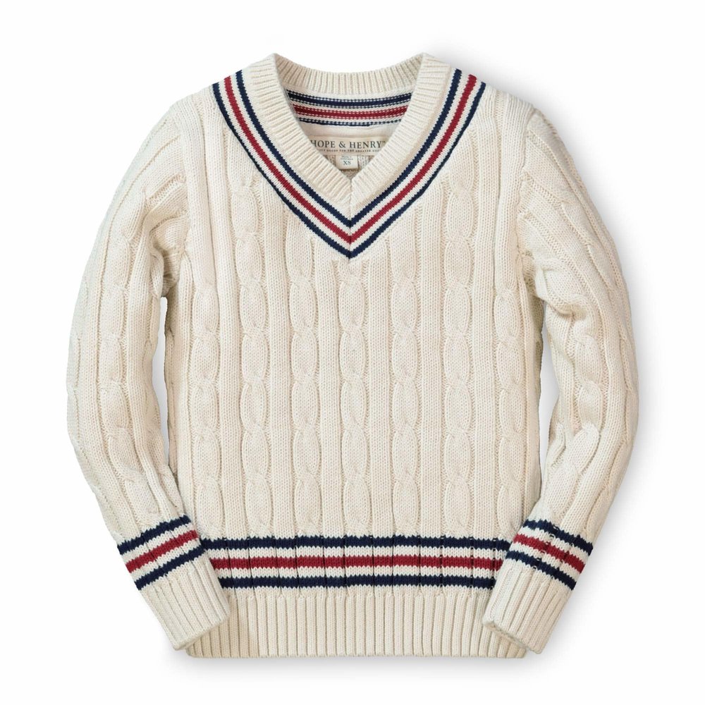 Hope & Henry Boys Organic Cotton V-Neck Cricket Sweater Long Sleeve Cable Knit with Contrast Stripe Trim 6 Months, Antique White