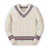 Hope & Henry Boys Organic Cotton V-Neck Cricket Sweater Long Sleeve Cable Knit with Contrast Stripe Trim 6 Months, Antique White view 1