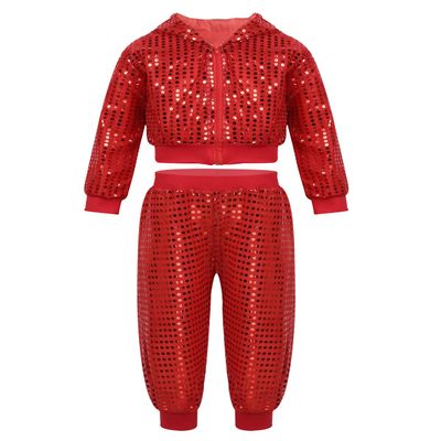Agoky Boys Girls Sequins Jacket Coat Hooded Crop Top Pants Set Street Dance Outfits Hip Hop Jazz Dance Performance Costume Red 7-8 Years