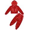 Agoky Boys Girls Sequins Jacket Coat Hooded Crop Top Pants Set Street Dance Outfits Hip Hop Jazz Dance Performance Costume Red 7-8 Years view 4
