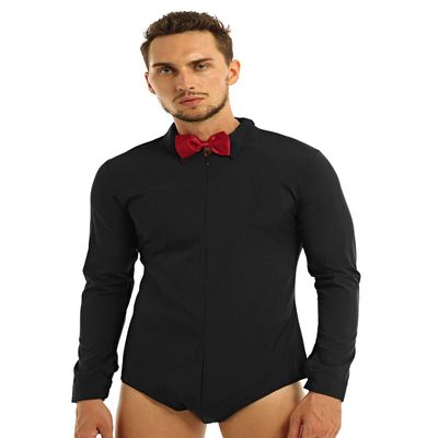 inlzdz Men's One-Piece Long Sleeve Bow Tie Shirt Top Leotard Modern Dance Latin Tango Bodysuit Black Large