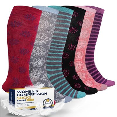 Pembrook Light Compression Socks for Women - 6 Pairs | Floral & Striped | 8-15 mmHg|Cotton
