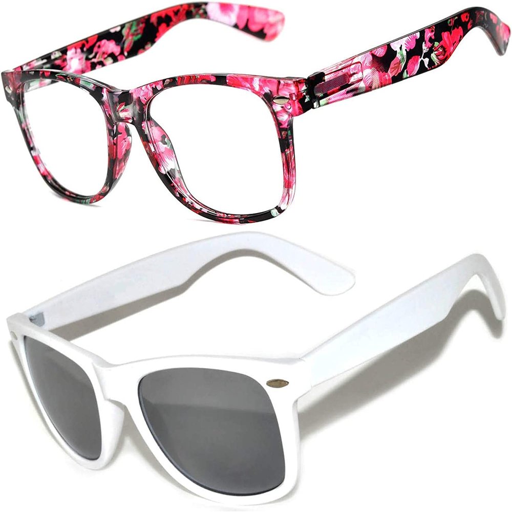 2 Pack Kids Glasses Clear Lens Flowers Red Matte Mirror Lens White