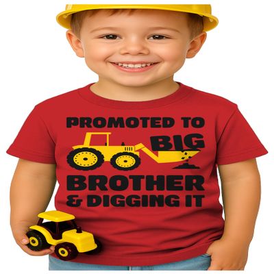 Tstars Promoted to Big Brother and Digging It T-Shirt - Toddler Kids Sibling Shirt - Pregnancy Reveal Gift for Boys 4T Red