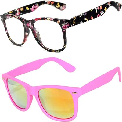 2 Pack Kids Glasses Clear Lens Flowers Black Matte Mirror Lens Pink