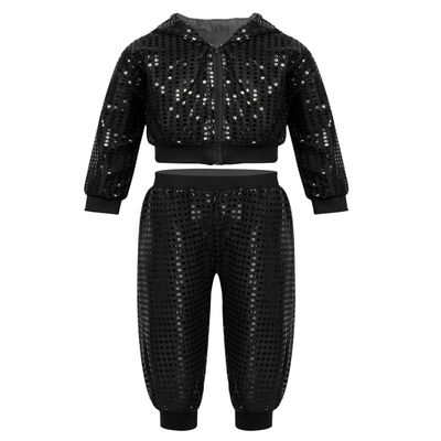 Agoky Boys Girls Sequins Jacket Coat Hooded Crop Top Pants Set Street Dance Outfits Hip Hop Jazz Dance Performance Costume Black 10-12 Years