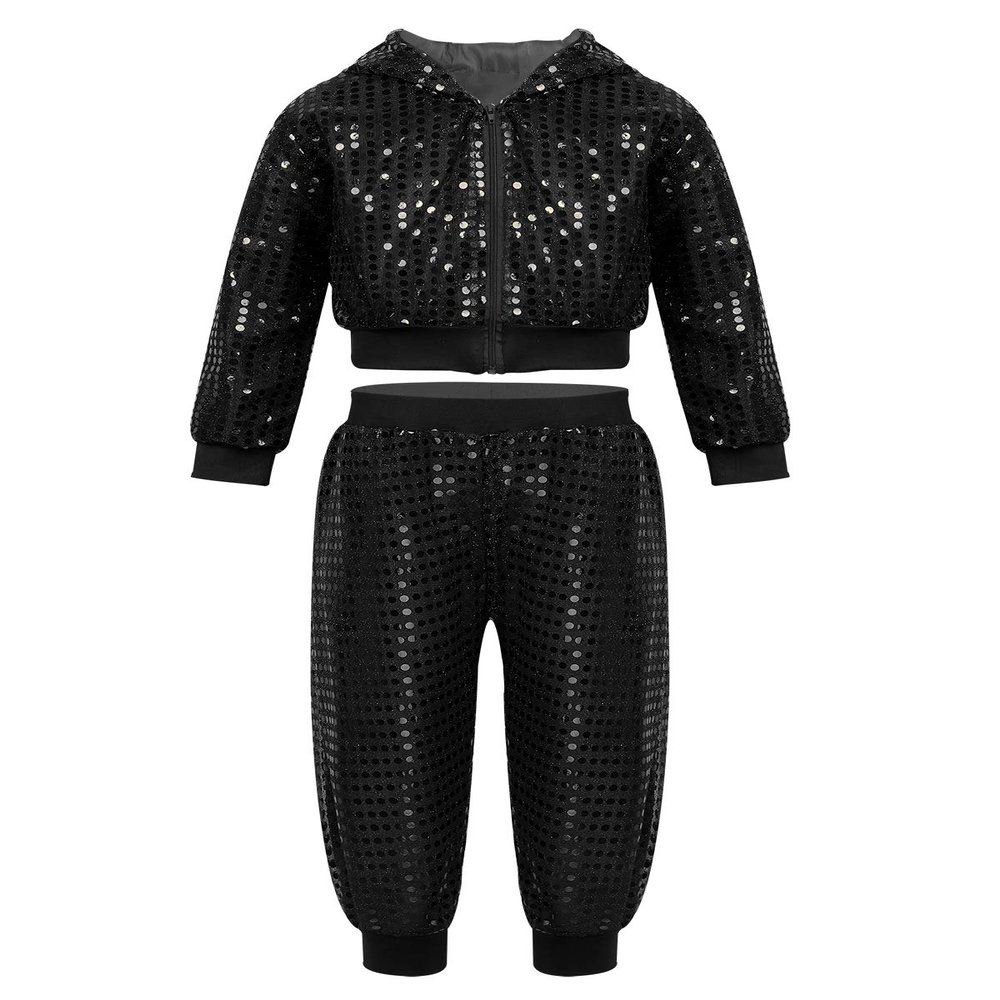 Agoky Boys Girls Sequins Jacket Coat Hooded Crop Top Pants Set Street Dance Outfits Hip Hop Jazz Dance Performance Costume Black 10-12 Years