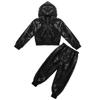 Agoky Boys Girls Sequins Jacket Coat Hooded Crop Top Pants Set Street Dance Outfits Hip Hop Jazz Dance Performance Costume Black 10-12 Years view 3