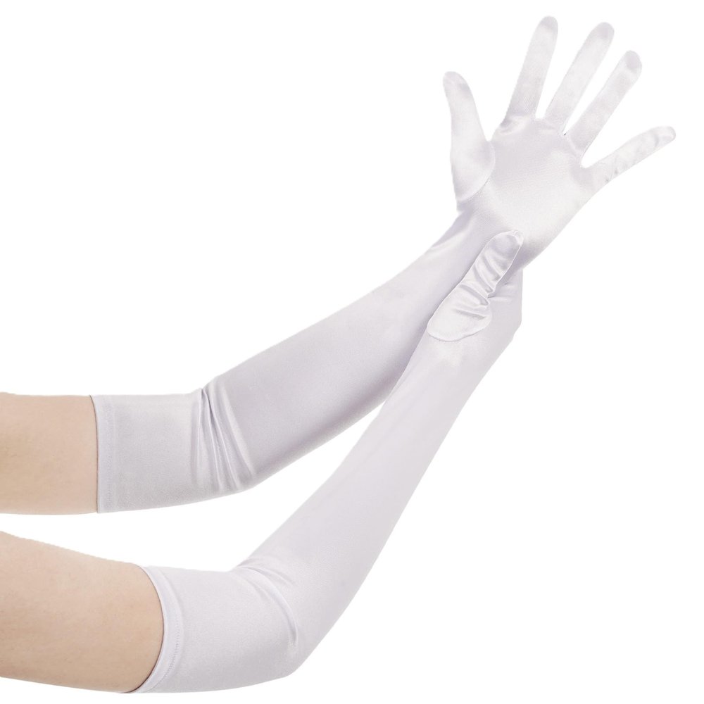 Wobe Long Opera Party 20s Satin Gloves Stretchy Adult Size 20.7" Elbow Length 1920s Satin Classic Sun Protection Wedding Bride Etiquette Gloves for Women Girls White