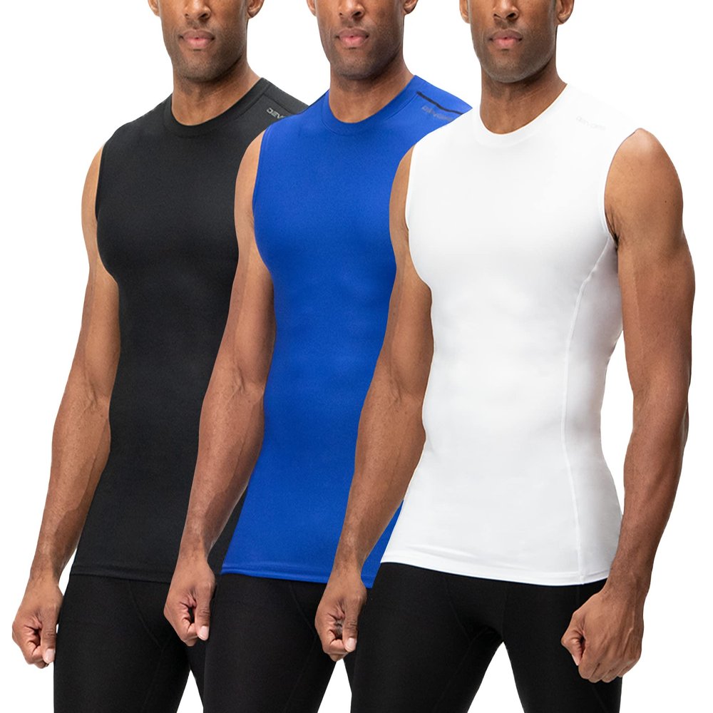 DEVOPS 3 Pack Men's Athletic Compression Shirts Sleeveless (Small, Black/Blue/White)