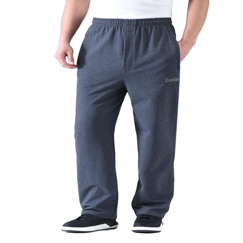 Zoulee Men's Casual Cotton Jogger Sweatpants Zipper Front Pants Thick Dark Grey 2XL