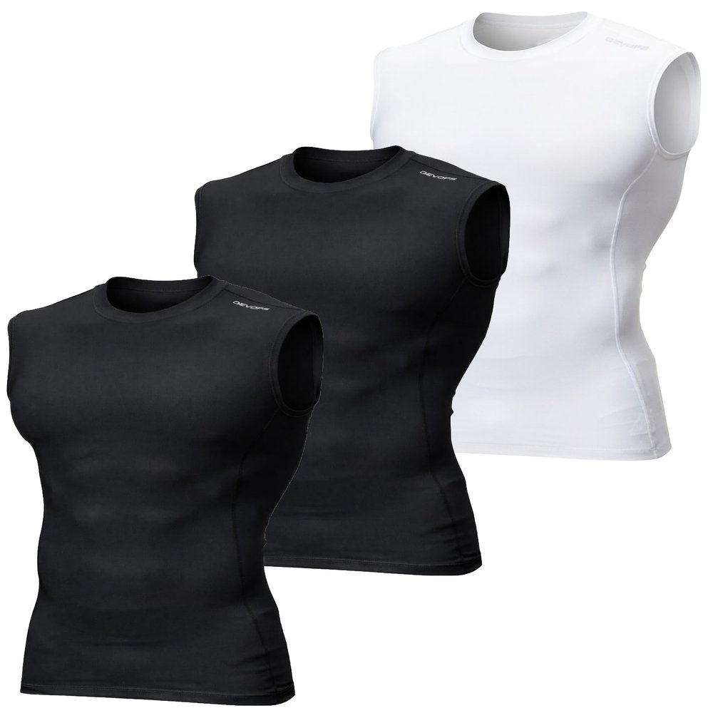 DEVOPS 3 Pack Men's Athletic Compression Shirts Sleeveless (2X-Large, Black/Black/White)