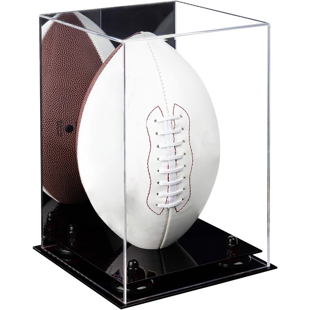 Football Display Case, Durable Clear Display Case with Mirror & Black Base, Case for Full Size Footballs, Sports Memorabilia, Collectibles, Keepsakes, (A060-BR)