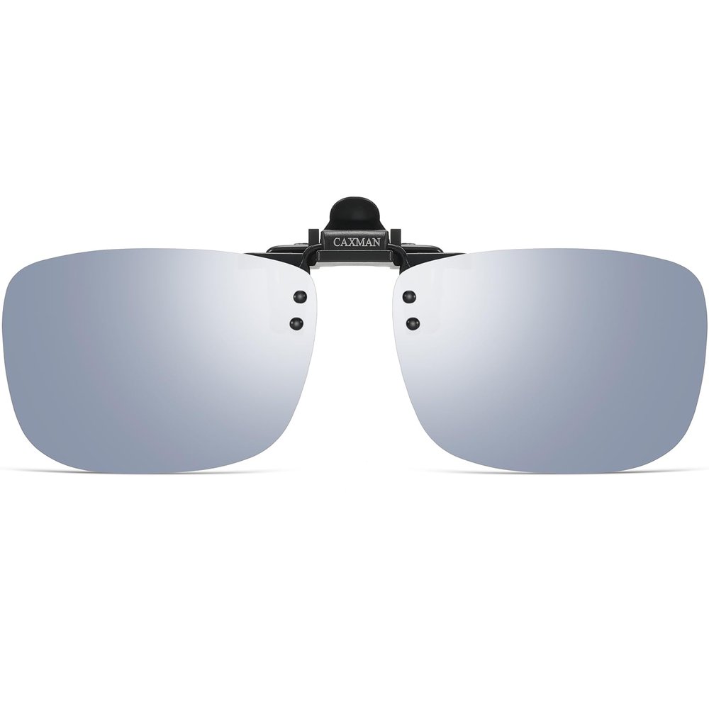 CAXMAN Polarized Clip On Sunglasses Over Prescription Glasses for Men Women UV Protection Flip Up Silver Mirrored Lens Large