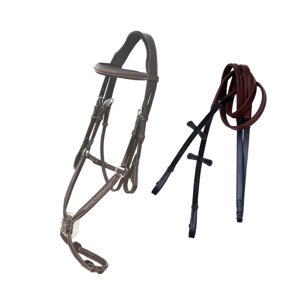 Exion Jumping Horse Bridle | Anatomical Figure 8 Bridle with Fancy Stitching & Padded Grackle Noseband | Rubber Grip Reins & Brass Buckles | English Tack for Equestrian Show & Training