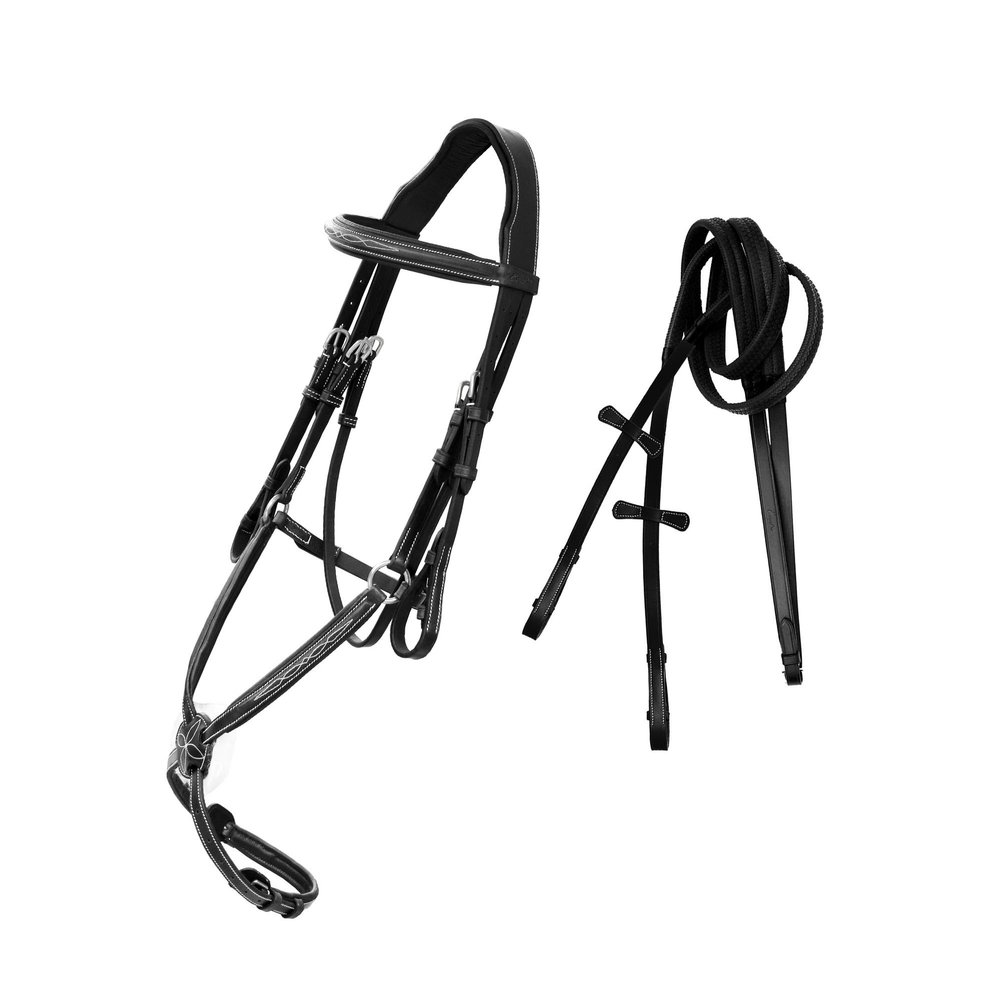 Exion Jumping Horse Bridle | Anatomical Figure 8 Bridle with Fancy Stitching & Padded Grackle Noseband | Rubber Grip Reins & Brass Buckles | English Tack for Equestrian Show & Training